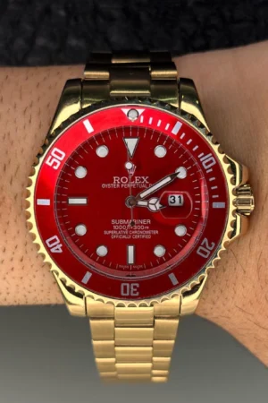 Relógio Rolex Submariner Dourado Vermelho linha Gold a prova dagua